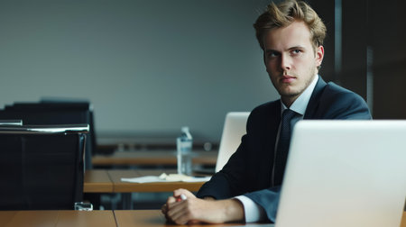 Portrait of young businessman sitting at office desk and working on laptop