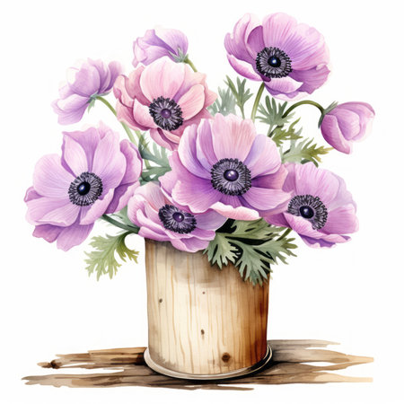 Bouquet of anemone flowers in a wooden vaseの素材