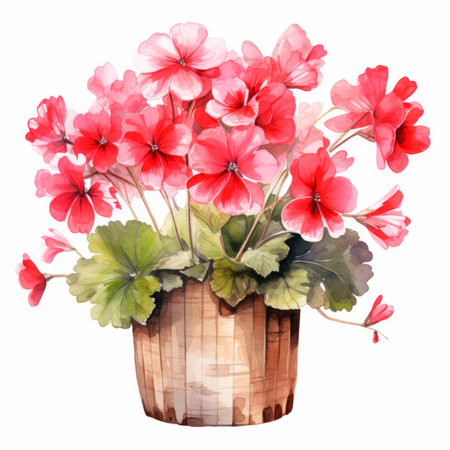Bouquet of red geranium flowers in a basket. Watercolor illustrationの素材