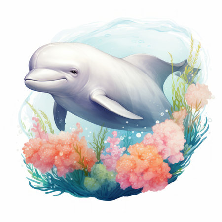 Illustration of a cute dolphin swimming in the ocean with algae and flowersの素材