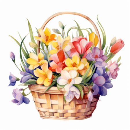 Basket with spring flowers. Watercolor illustration isolated on white backgroundの素材