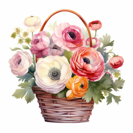 Basket with anemone flowers. Hand drawn watercolor illustrationの素材