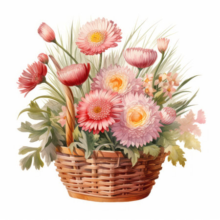 Basket with flowers. Watercolor illustration isolated on white background.の素材