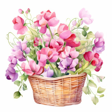Basket with sweet pea flowers, watercolor illustration isolated on white backgroundの素材