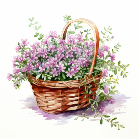 Basket with purple flowers. Watercolor illustration isolated on white backgroundの素材