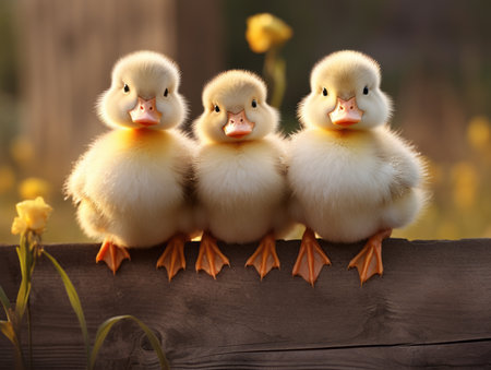 Three cute little ducklings on wooden fence in garden. Easter conceptの素材