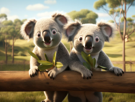Two koala bears sitting on a branch with eucalyptus leavesの素材