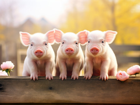 Three cute little pigs sitting on wooden fence in front of blurred backgroundの素材