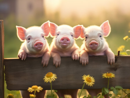 Three cute little pigs with wooden sign on meadow. Symbol of 2019.の素材
