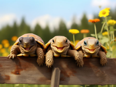 tortoise family on a wooden fence in the sunflower fieldの素材