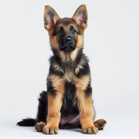 German shepherd puppy sitting on white background. Looking at camera. Studio shot.の素材