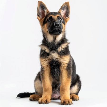 German shepherd puppy sitting on white background and looking at the camera.の素材