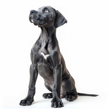 Black Great Dane puppy sitting on a white background. Studio shot.の素材
