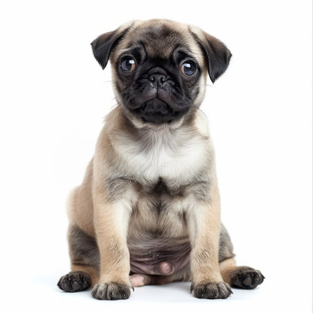 pug puppy sitting and looking at camera, isolated on white backgroundの素材