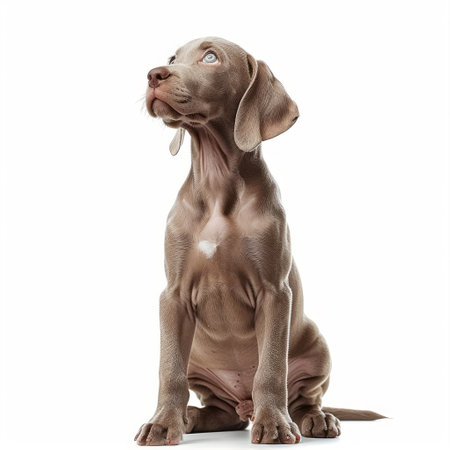 Hungarian Weimaraner puppy sitting and looking up, isolated on whiteの素材