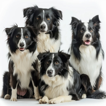 Group of border collies in front of a white studio background.の素材