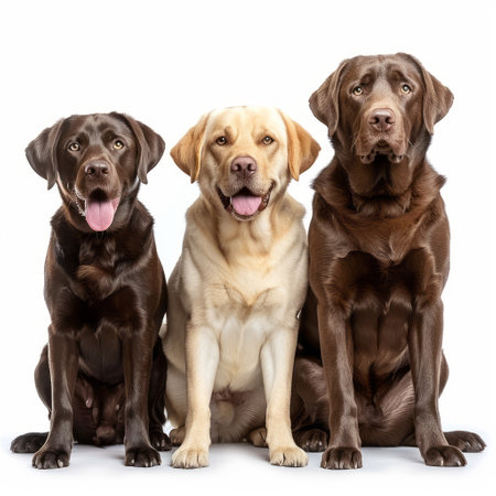 Group of three labrador retriever dogs in front of a white backgroundの素材