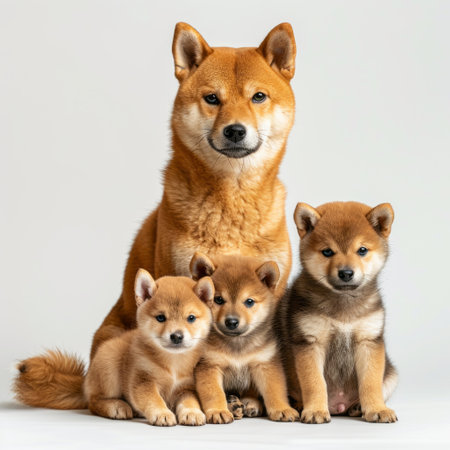 Group of shiba inu puppies on white background. Studio shot.の素材