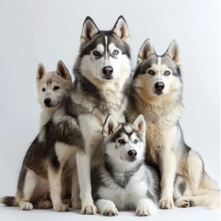 Group of siberian husky puppies in studio on white backgroundの素材