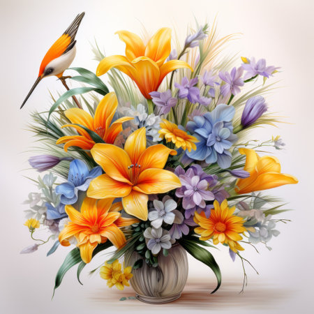 Bouquet of spring flowers in vase with a bird.の素材