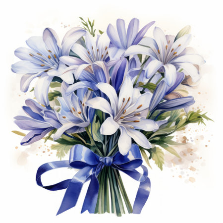 Blue and white crocus bouquet with blue bow. Watercolor illustrationの素材