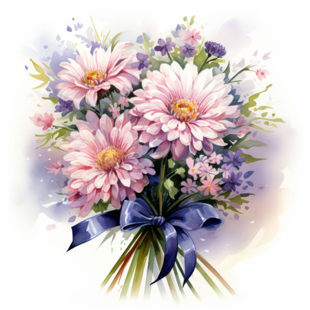 Bouquet of pink gerberas with blue bow, watercolor illustrationの素材