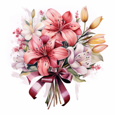 Beautiful watercolor bouquet with lily flowers. Illustrationの素材