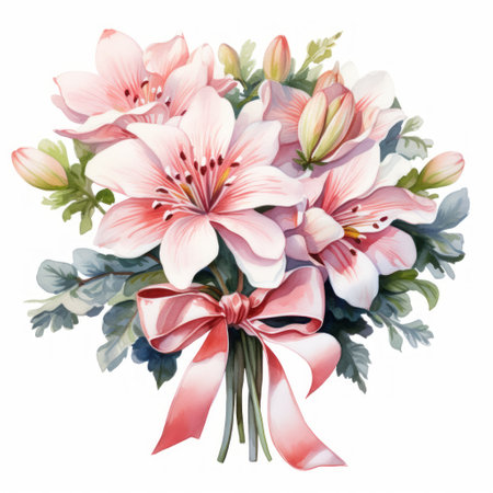 Bouquet of pink lilies, watercolor illustration on white backgroundの素材