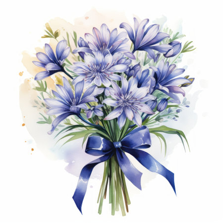 Bouquet of blue flowers with a bow. Watercolor illustrationの素材