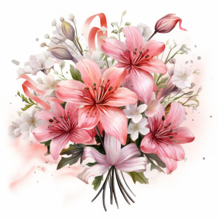 Bouquet of pink lilies and white flowers. Watercolor illustrationの素材