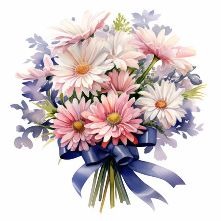 Bouquet of daisies with blue bow on white backgroundの素材
