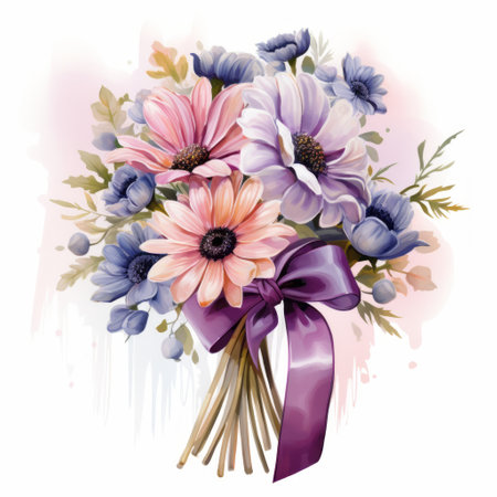 Bouquet of blue and pink flowers, watercolor illustration.の素材