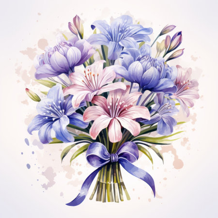 Bouquet of blue and pink alstroemeria flowers. Watercolor illustrationの素材