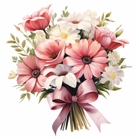 Bouquet of flowers with pink bow isolated on white background.の素材
