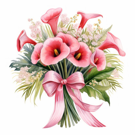 Bouquet of calla lilies with pink bow. Watercolor illustrationの素材