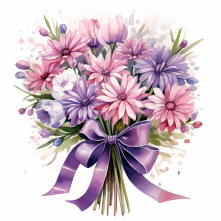 Beautiful bouquet of flowers with a bow, watercolor illustrationの素材