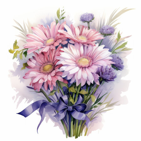 Watercolor bouquet of pink gerberas and violet flowers.の素材