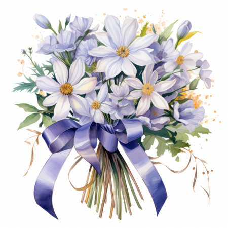 Bouquet of blue flowers with purple ribbon. Watercolor illustrationの素材