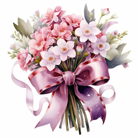 Bouquet of spring flowers with a bow, watercolor illustrationの素材