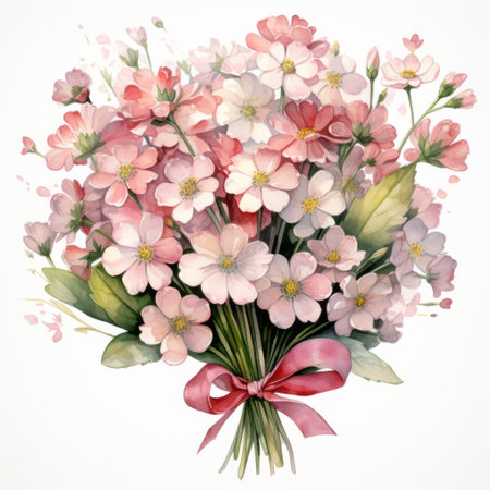 Bouquet of spring flowers with red bow. Watercolor illustrationの素材