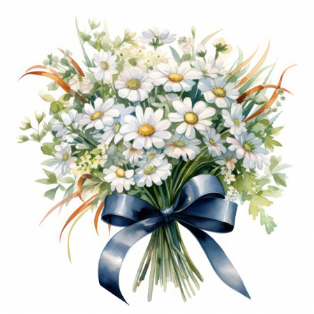 Bouquet of chamomile flowers with blue bow, watercolor illustrationの素材