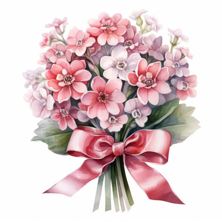 Bouquet of pink flowers with red bow, watercolor illustrationの素材