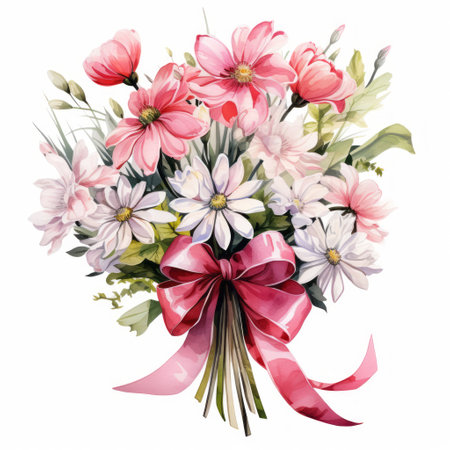 Bouquet of flowers with a bow. Watercolor illustration.の素材