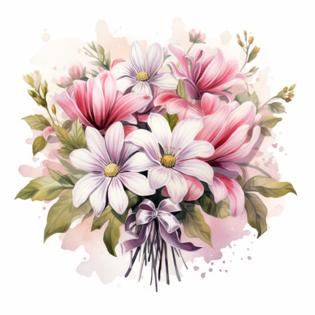 Beautiful bouquet of pink and white flowers. Watercolor illustrationの素材