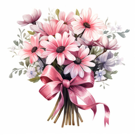 Bouquet of flowers with pink bows. Watercolor illustration.の素材