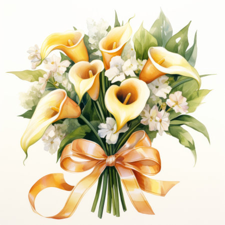 Bouquet of yellow calla lilies and jasmine on white backgroundの素材