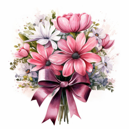 Bouquet of pink flowers with a bow, watercolor illustrationの素材