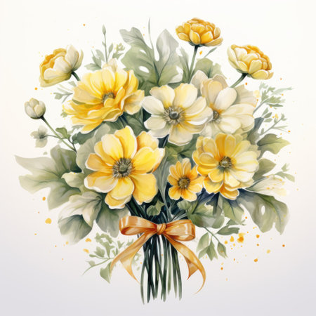 Watercolor bouquet of yellow flowers with a bow on a white backgroundの素材