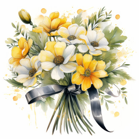 Bouquet of daisies with a ribbon, watercolor illustrationの素材