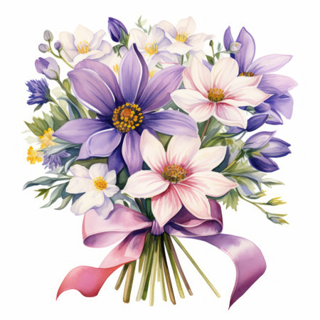 Bouquet of spring flowers. Watercolor illustration isolated on white backgroundの素材